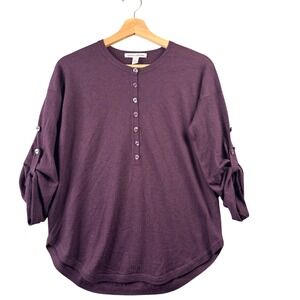 Autumn Cashmere Purple 100% Pure Cashmere Henley Roll Tab Sleeve Sweater XS